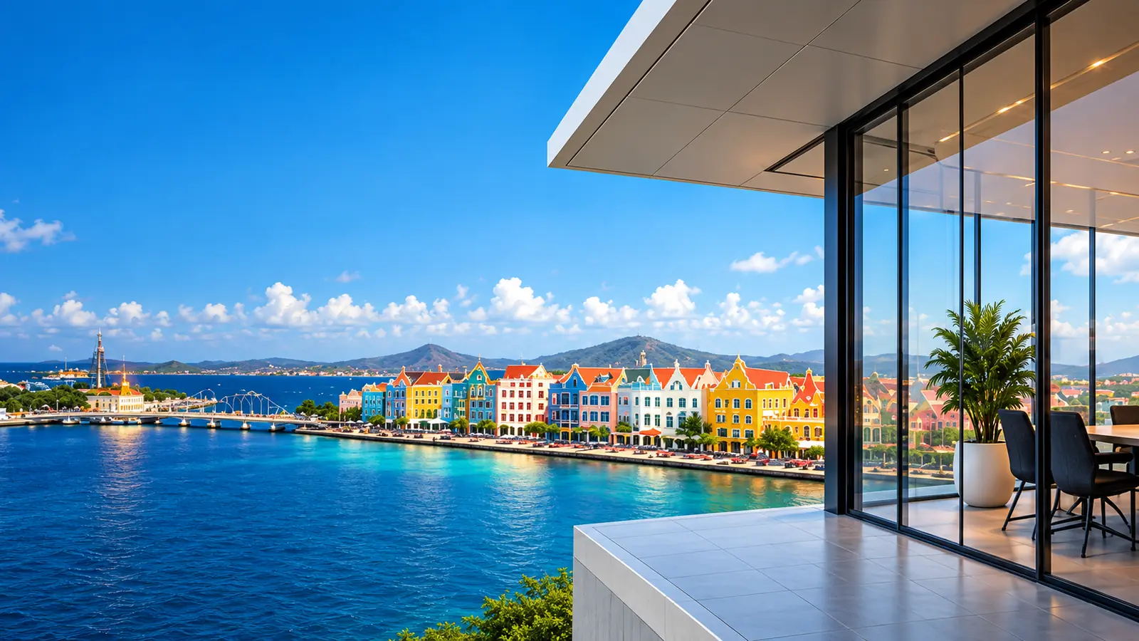 Brand image of a modern office overlooking the colourful waterfront of Willemstad, Curaçao